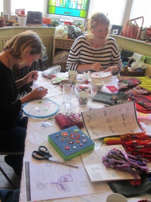 Clara and Catrin stitching in my south London studio